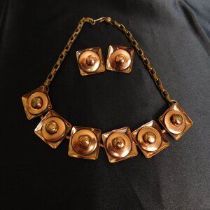 Copper Choker Necklace Square With Matching Clip On Earrings  Signed Japan MCM